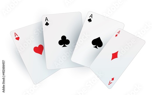 Playing poker cards. Realistic fan of aces. Isolated square white cardboards. Black and red suit signs. Equipment for casino. Lucky combination in gambling. Risky games and bet, vector illustration
