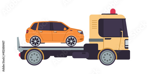 Tow truck. Cartoon evacuator. Side view of lorry carries automobile in trunk. Isolated transportation faulty car. Special vehicle for auto evacuation. Workshop service advertising, vector illustration