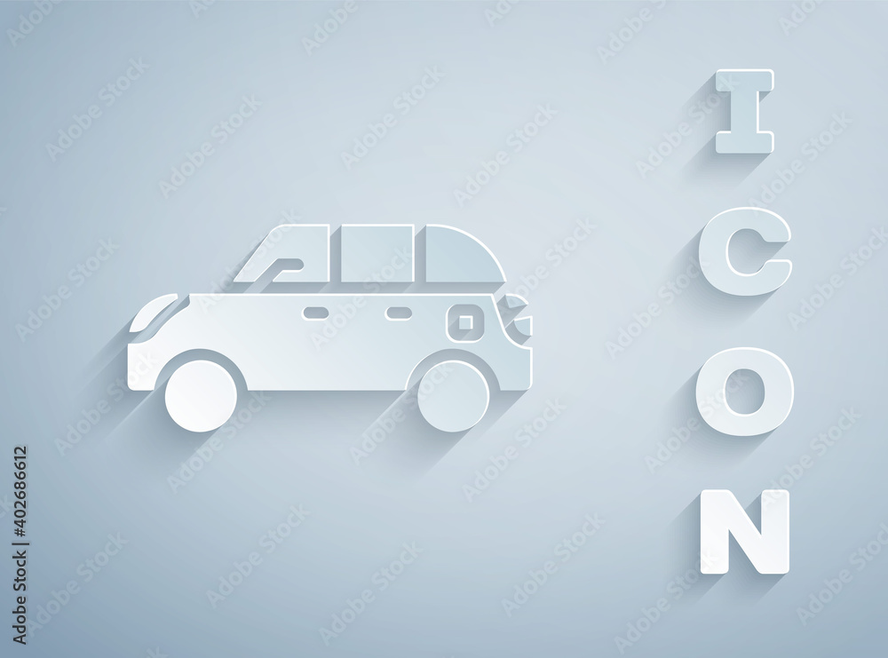 Paper cut Hatchback car icon isolated on grey background. Paper art style. Vector.