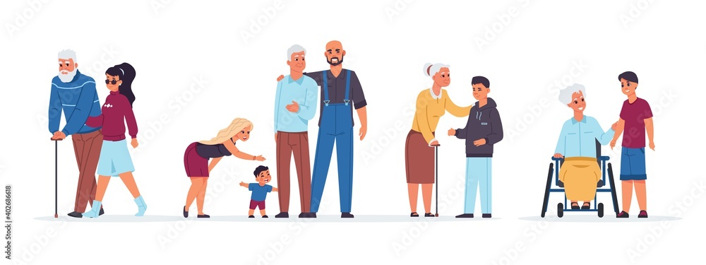 Old people with relatives. Cartoon men and women support senior parents. Cheerful families with children and elderly members. Happy retirement persons raise grandchildren, vector isolated set