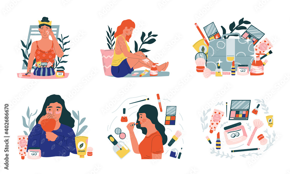 Cartoon skincare. Young women with organic beauty products. Isolated cute girls use creams and lotions with natural ingredients. Cosmetic for face makeup. Female routine procedures, vector flat set Cartoon skincare. Young women with organic beauty products. Isolated cute girls use creams and lotions with natural ingredients. Cosmetic for face makeup. Female routine procedures, vector flat set