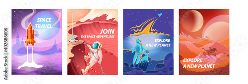 Space landscape posters. Cartoon cosmonauts in spacesuits exploring galaxy. Cosmic travel and adventure. Astronauts flying to alien planets in spaceship. Decorative banners with lettering, vector set