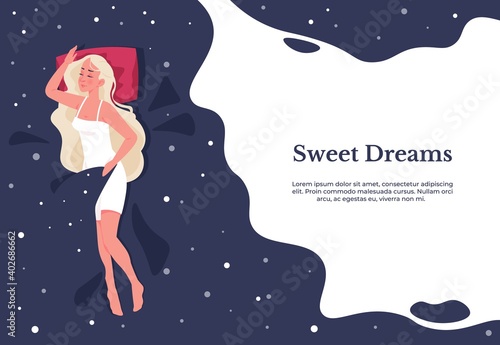 Sleeping woman. Cartoon young female resting in bed. Cute girl wears cozy nightdress and dream. Insomnia prevention. Poster with night sky background and lettering. Vector illustration with copy space