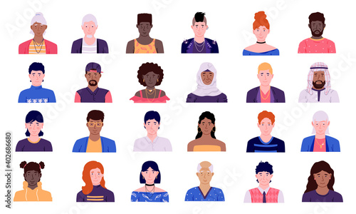 People avatars. Men and women multi ethnic cartoon character icon collection, male and female person heads with shoulders front view user profile portrait vector doodle different race simple style set
