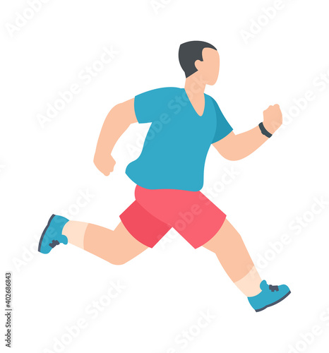 People marathon. Athletic male character running and jogging, active man healthy summer activity in park, sprinter boy sport leisure lifestyle. Vector flat style cartoon isolated on white illustration © SpicyTruffel