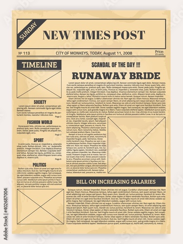 Vintage newspaper. Old realistic pages with headers and place for pictures, retro article layout. Publication design with column and calligraphic font for headlines. Sheet of newsprint, vector mockup