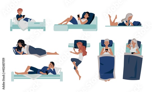 Phone in bed. Cartoon young people lying in bed. Isolated cute men and women watching news and chatting in evening. Leisure pastime with smartphones. Addiction to electronics, vector bedtime set