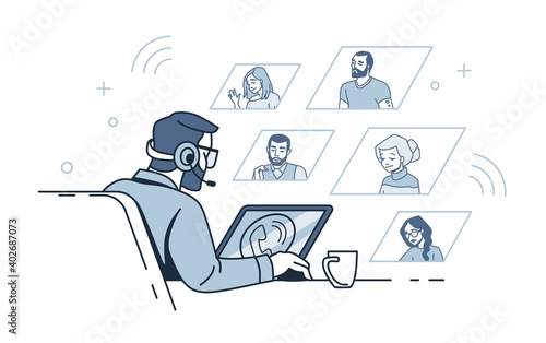 Video call concept. Cartoon people communicate distantly. Man sitting at table with laptop. Online conference or webinar. Isolated male talking with friends and business partners, vector conversation