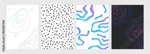 Notebook cover. Abstract modern copybook design. Minimalist graphic elements and lettering. Curved lines or geometric shapes. Trendy outline notepad decoration. Creative paper pages, vector flat set