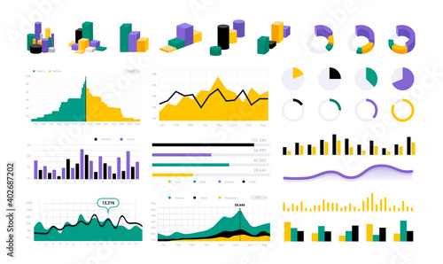 Data infographic. Statistic round charts. Graphic progress bars and diagrams. Colorful business presentation elements. Visualization indicators with circles and columns graphs, vector isolated set