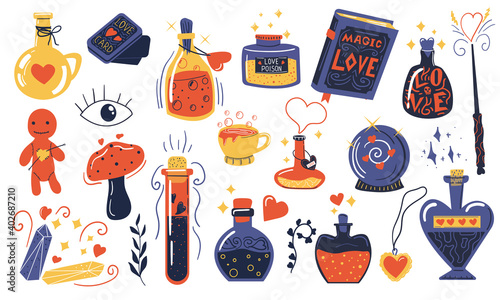 Love potion. Doodle magical elixir. Bottles and vials with alchemical beverages. Isolated witchcraft tools and mystical symbols. Spell book or fortune-telling cards. Drink to awaken senses, vector set