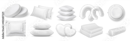 Realistic cushion. 3D white bed and sofa pillows. Collection of round and square or roll interior decorations. Isolated piles and stacks of classic feather or modern synthetic accessories, vector set