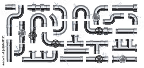 Leak pipe. Broken realistic metal drain pipeline. Isolated glossy stainless steel faulty tubing parts with valves and joints. Plumbing tube problem, dripping water. Conduit construction, vector set