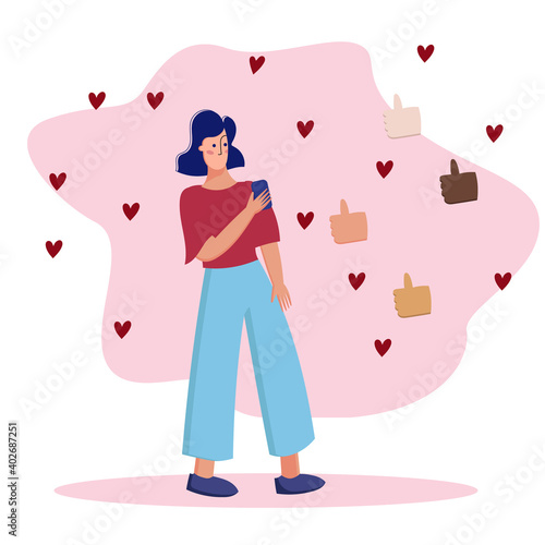Cute girl looking at phone and getting likes on social media, flat style. Woman with smartphone searching for romantic partner online. Flat cartoon vector illustration.