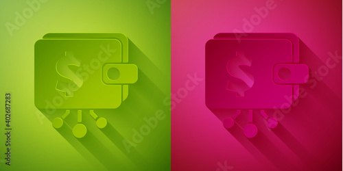 Paper cut Cryptocurrency wallet icon isolated on green and pink background. Wallet and bitcoin sign. Mining concept. Money, payment, cash, pay icon. Paper art style. Vector.