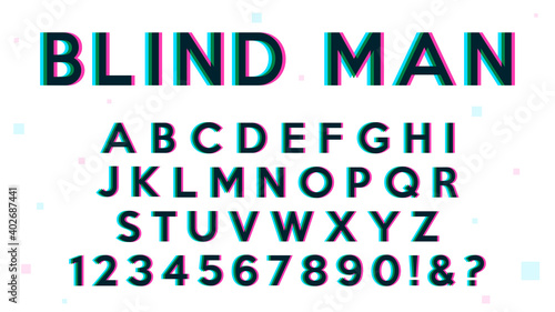 Glitch font. Alphabet glitched glowing display font design, alphabet, typeface, letters and numbers, typography.