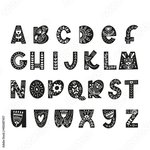 Hand drawn latin alphabet in scandinavian style. Folk art font with flower and leaves ornament. For typography poster, card, label design.