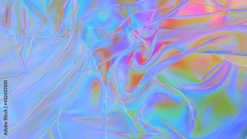 Polyethylene. Transparent Rainbow Plastic or Glass. Holographic Rainbow foil. Neon background. Abstract 3D rendering Polyethylene. Transparent Rainbow Plastic or Glass. Holographic Rainbow foil. Neon background. Abstract 3D rendering