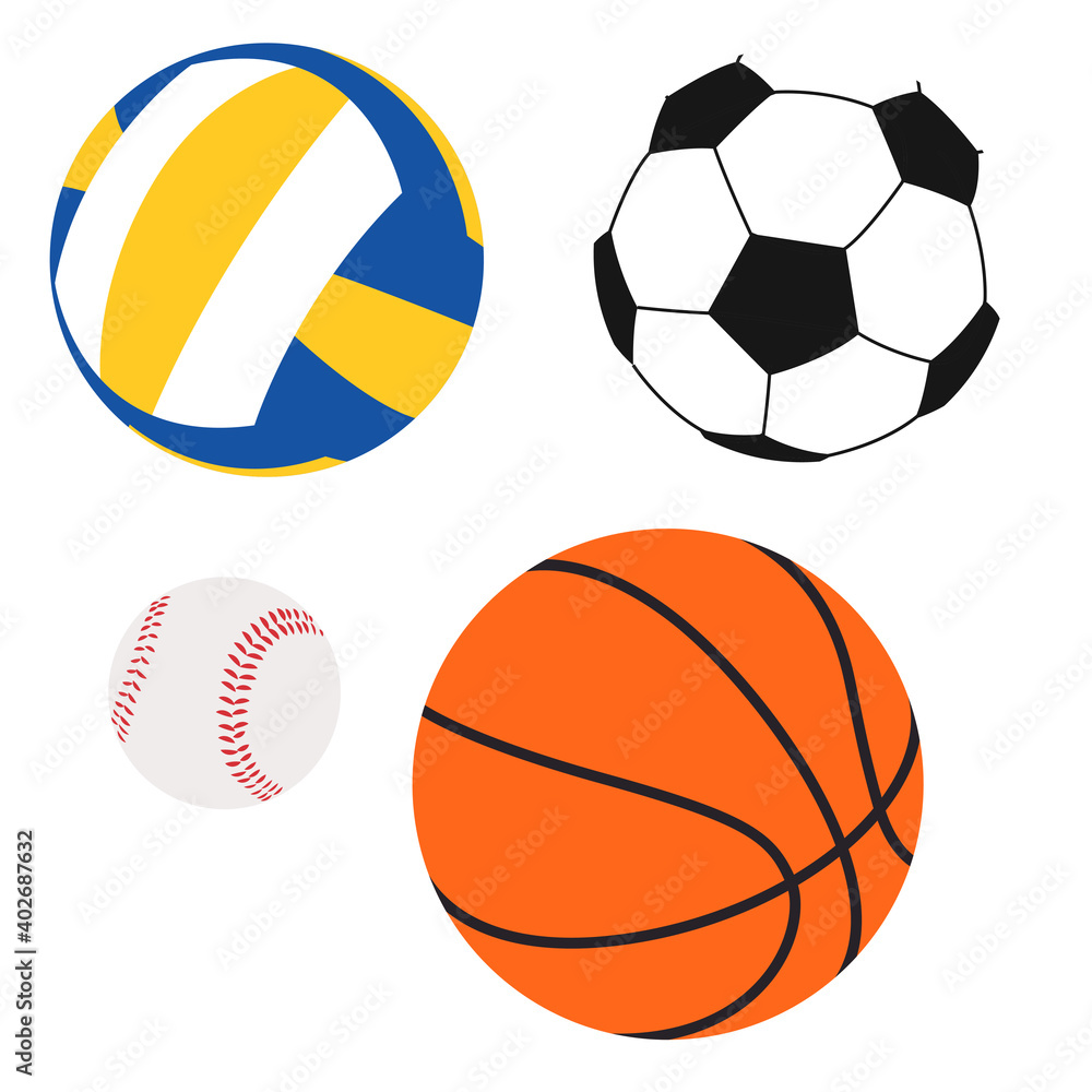 Football, basketball, volleyball and baseball balls. Vector Balls