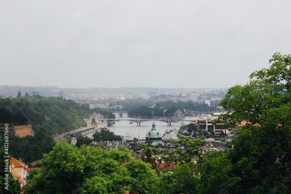 panoramic view of Prague with river and bridge