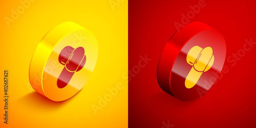 Isometric Sports nutrition bodybuilding proteine power drink and food icon isolated on orange and red background. Circle button. Vector.