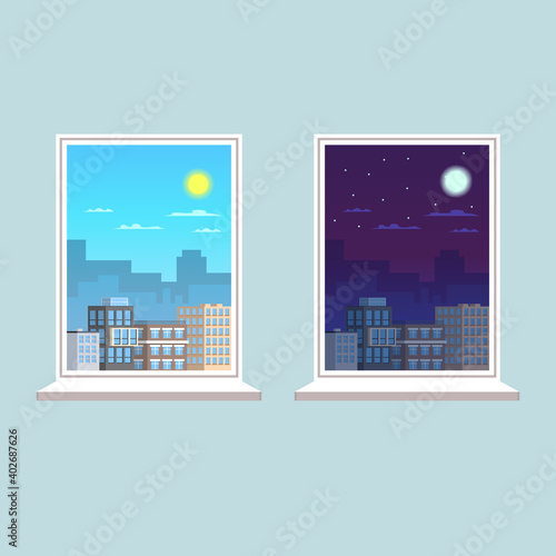 Two identical windows with day and night.Window day time view. Day and night city concept.Flat style vector illustration.