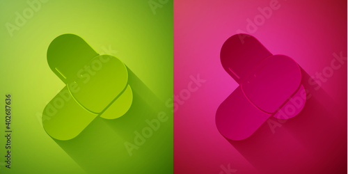 Paper cut Sports nutrition bodybuilding proteine power drink and food icon isolated on green and pink background. Paper art style. Vector.