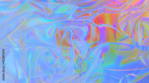 Polyethylene. Transparent Rainbow Plastic or Glass. Holographic Rainbow foil. Neon background. Abstract  3D rendering
