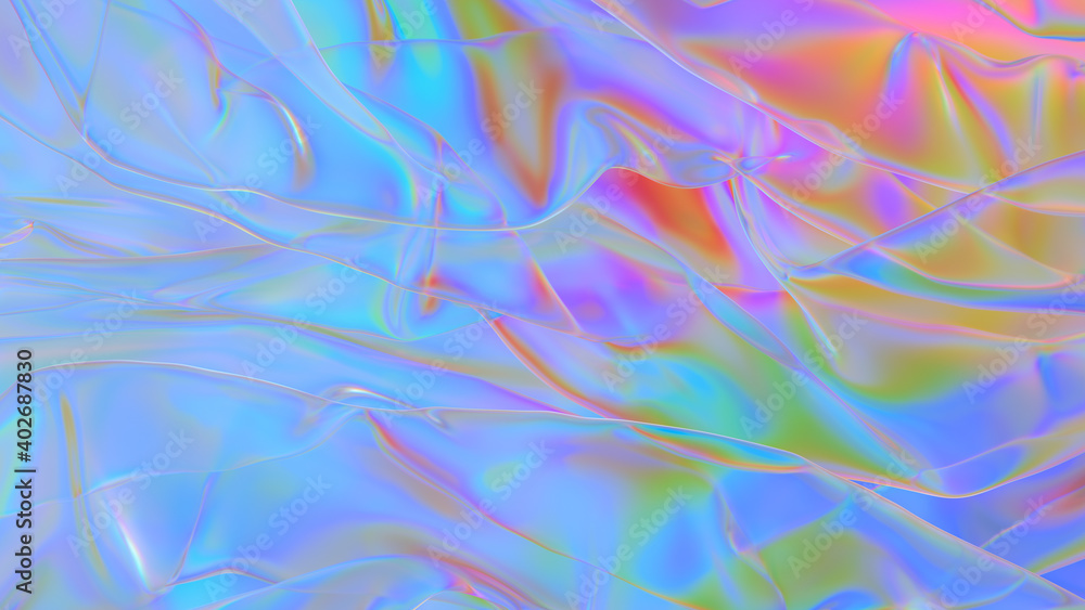 Fototapeta premium Polyethylene. Transparent Rainbow Plastic or Glass. Holographic Rainbow foil. Neon background. Abstract 3D rendering