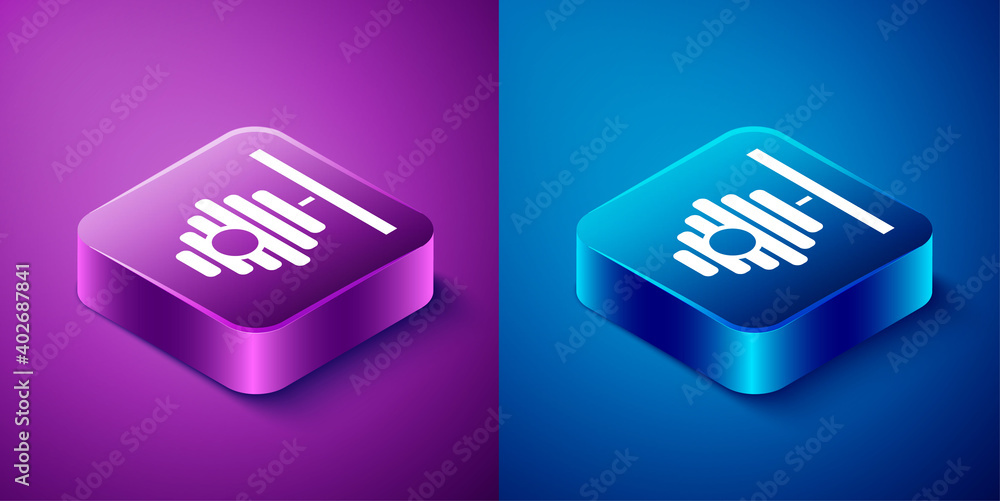 Isometric Hive for bees icon isolated on blue and purple background. Beehive symbol. Apiary and beekeeping. Sweet natural food. Square button. Vector. Isometric Hive for bees icon isolated on blue and purple background. Beehive symbol. Apiary and beekeeping. Sweet natural food. Square button. Vector.