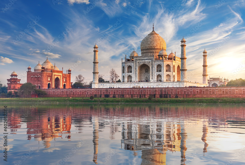Taj Mahal at sunset, back view from the Yamuna river, Agra, India