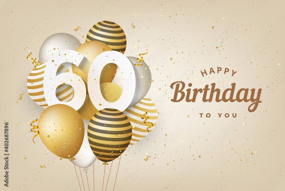Happy 60th birthday with gold balloons greeting card background. 60 years anniversary. 60th celebrating with confetti. Vector stock Векторный объект Stock