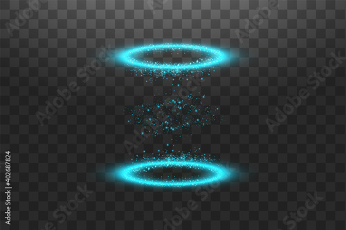 Futuristic teleport. Magic fantasy portal. Light effect. Candles rays of a night scene with sparks on a transparent background. Empty light effect of the podium. Disco club dancefloor.