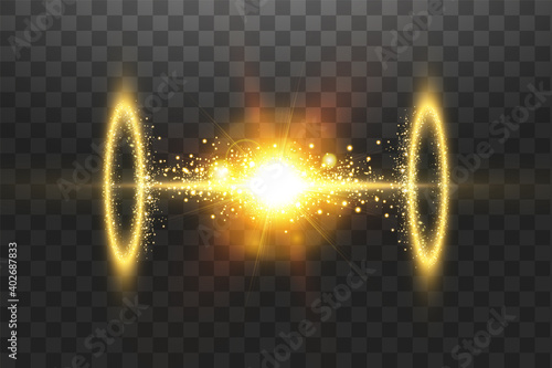 Futuristic teleport. Magic fantasy portal. Light effect. Golden Candles rays of a night scene with sparks on a transparent background. Empty light effect of the podium. Disco club dancefloor.