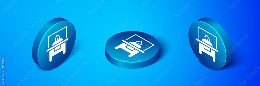 Isometric Glass showcase for exhibit icon isolated on blue background. Blue circle button. Vector. Isometric Glass showcase for exhibit icon isolated on blue background. Blue circle button. Vector.
