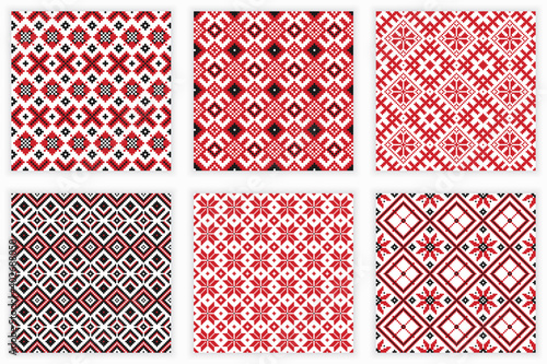 Slavic folk embroidery seamless patterns set