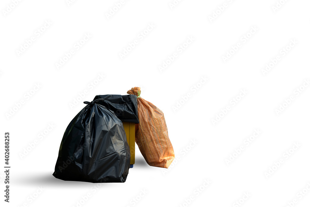 Black garbage bag and bin isolated on white background