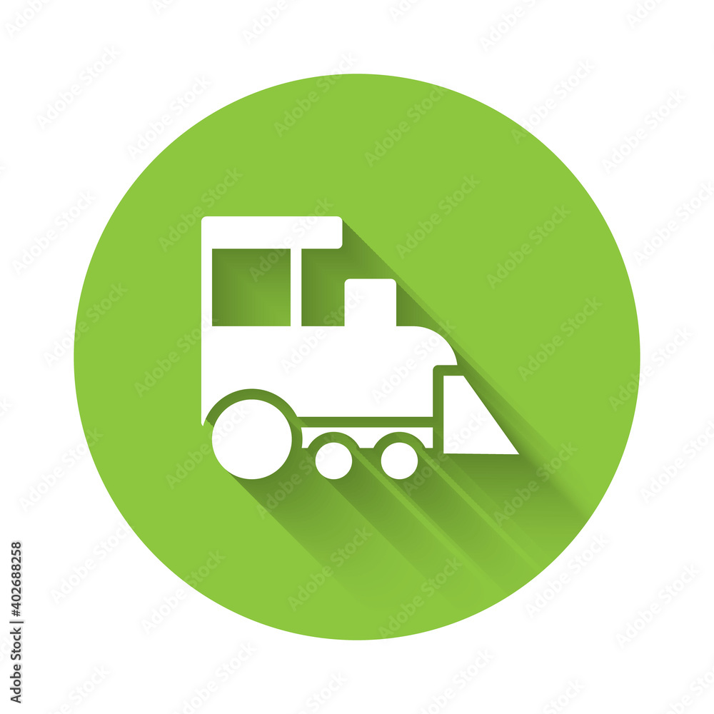White Toy train icon isolated with long shadow. Green circle button. Vector. White Toy train icon isolated with long shadow. Green circle button. Vector.