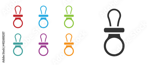 Black Baby dummy pacifier icon isolated on white background. Toy of a child. Set icons colorful. Vector.