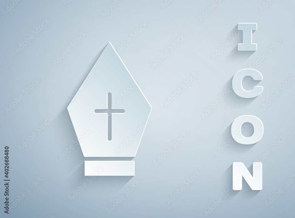 Paper cut Pope hat icon isolated on grey background. Christian hat sign. Paper art style. Vector. Paper cut Pope hat icon isolated on grey background. Christian hat sign. Paper art style. Vector.