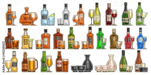 Stampa su tela Vector Alcohol Set, variety cut out illustrations of hard spirit drinks in bottl