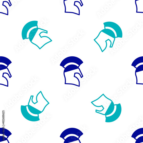 Blue Greek helmet icon isolated seamless pattern on white background. Antiques helmet for head protection soldiers with a crest of feathers or horsehair. Vector.