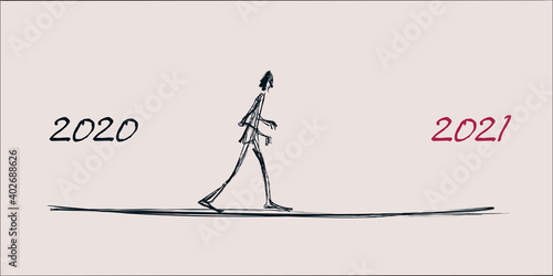 Carte de vœux 2021 montrant un homme dessiné à la main, qui marche tout droit pour symboliser le passage de l’année 2020 à 2021.