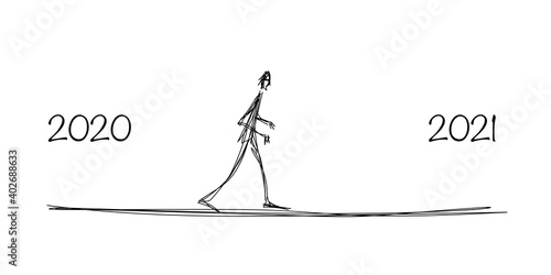Carte de vœux 2021 montrant un homme dessiné à la main, qui marche tout droit pour symboliser le passage de l’année 2020 à 2021.