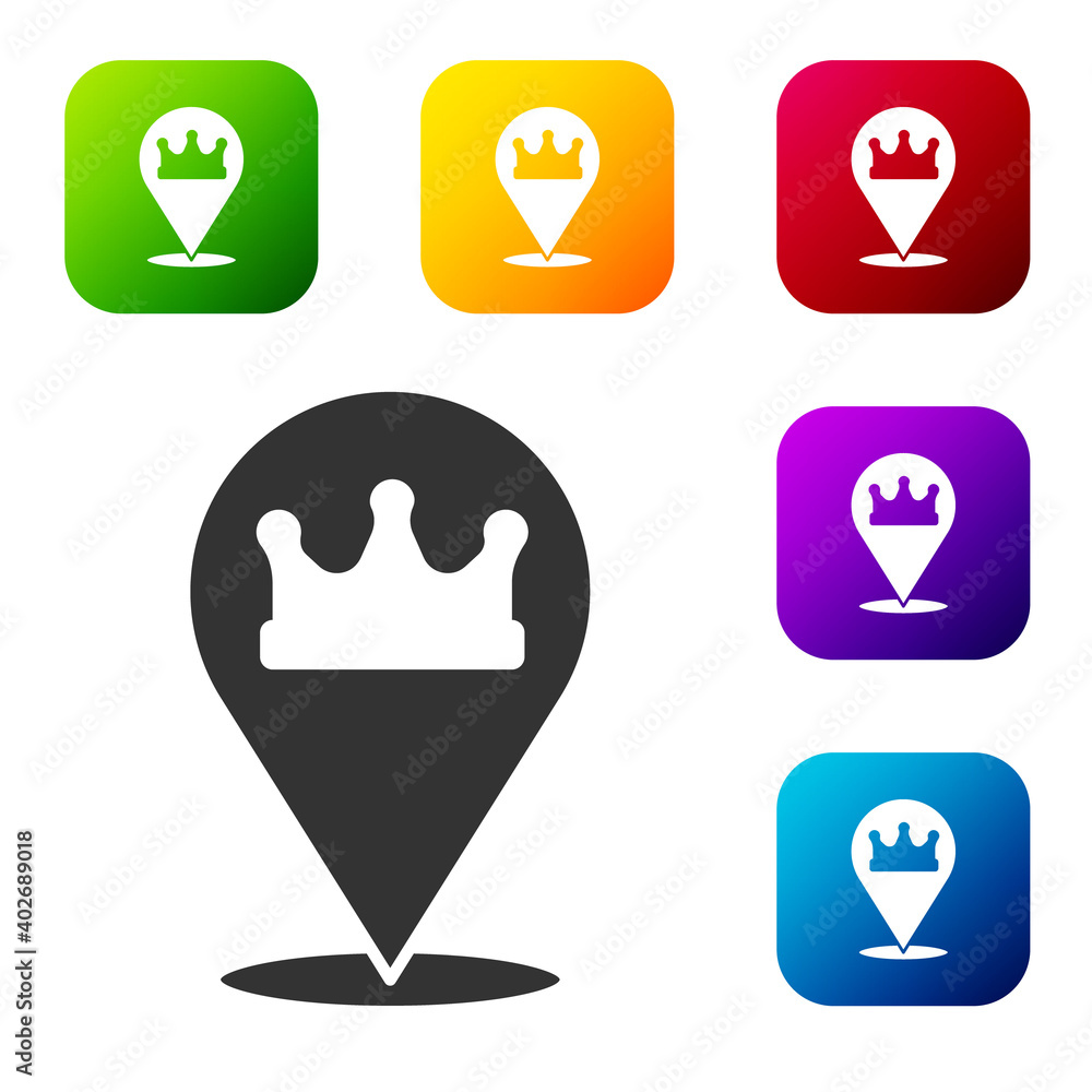 Black Location king crown icon isolated on white background. Set icons in color square buttons. Vector. Black Location king crown icon isolated on white background. Set icons in color square buttons. Vector.