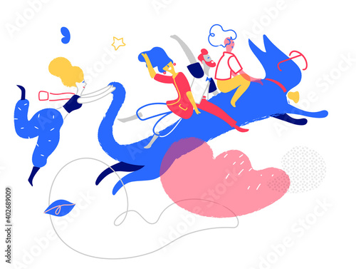 Gruppo di personaggi stravaganti volano sul gatto blu