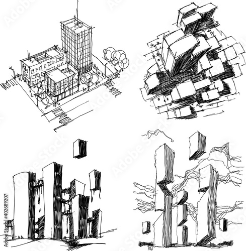 four hand drawn architectectural sketches of a modern abstract architecture and generic city urbanism structure and fantastic buildings