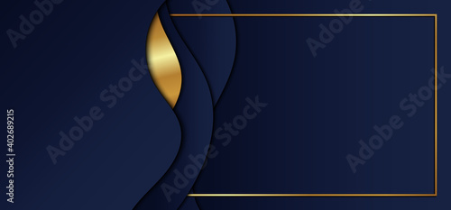 Abstract blue gradient color wave shape with gold stripes and frame overlap layers on dark blue background