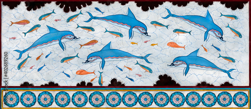 Fotografie Dolphin fresco - digitally restored version of the Minoan masterpiece fresco Kno
