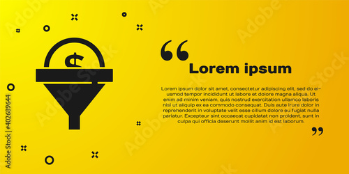 Black Lead management icon isolated on yellow background. Funnel with money. Target client business concept. Vector.